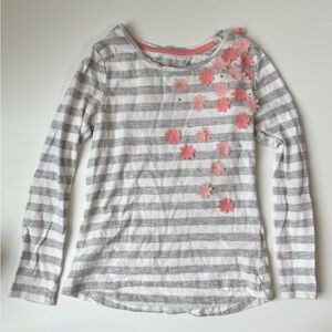 Maggie & Zoe Girls Gray White Stripe Tshirt Pink Fabric Flowers Size 5-6